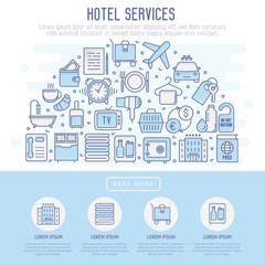 Fototapeta na wymiar Hotel services concept in half circle with thin line icons of facilities in room. Vector illustration for banner, web page, print media.