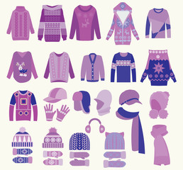 collection of knitted woolen, winter clothes and accessories