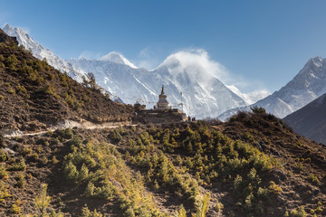Buddhist stupa and the top of Everest in the background, Everest Base Camp Trek, Sagarmatha...