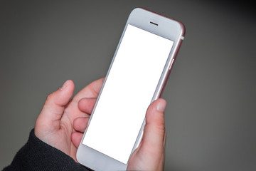 Baby's hand hold smartphone and white blank space for input text