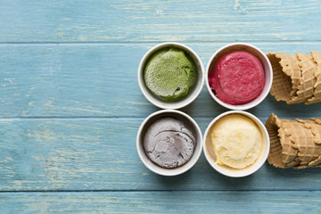 Top view of Ice cream flavors in cup, sweet and dessert food concept