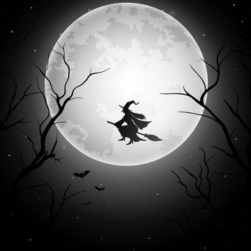 Halloween background with flying witch on the full moon