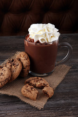 hot chocolate with cocoa and chocolate chip cookies.