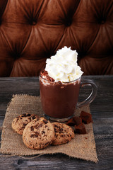 hot chocolate with cocoa and chocolate chip cookies.
