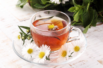 cup of tea with chamomile flowers on rustic background