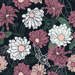 Dark floral background, seamless pattern, vector flowers - 170138253