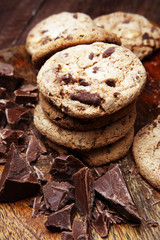 Chocolate chip cookies on table freshly baked