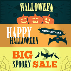 Happy Halloween Sale offer design template. Vector illustration with three bright banners. Isolated illustration.