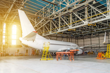 Airliner aircraft in a hangar with an open gate to the service.