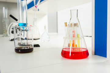 Chemical analysis glassware in laboratory