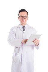 Handsome asian doctor wearing white coat and smiling isolated over white background