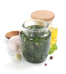 pesto sauce and ingredient on white