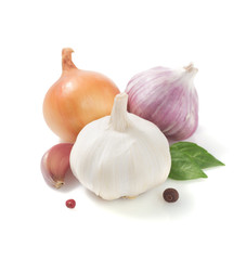 garlic, onion and spices on white