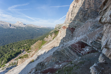 Section of Via Ferrata Astaldi upon Dibona mountain hut with colorful triassic rocks, Cortina d'Ampezzo, Dolomites, Italy