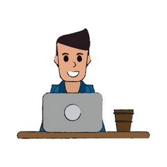 Laptop and boy of device gadget technology and electronic theme Isolated design Vector illustration