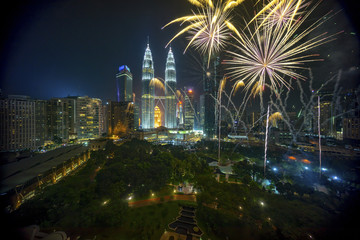 Fireworks display show over Kuala Lumpur city skyline