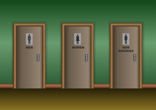 Three doors of public restrooms: For men, women and non binary people. Vector Illustration