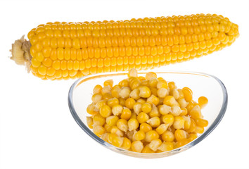 Boiled corn isolated on white background. Yellow corn cob and pile of corn grains in a glass bowl.