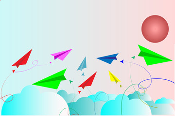 Paper planes multi color on blue sky with clouds - vector concept