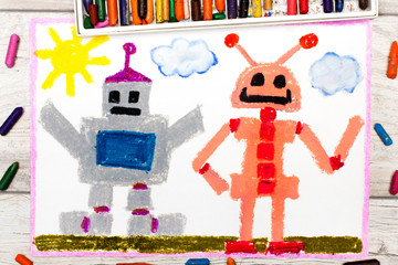 Photo of a colorful drawing: Two different robots