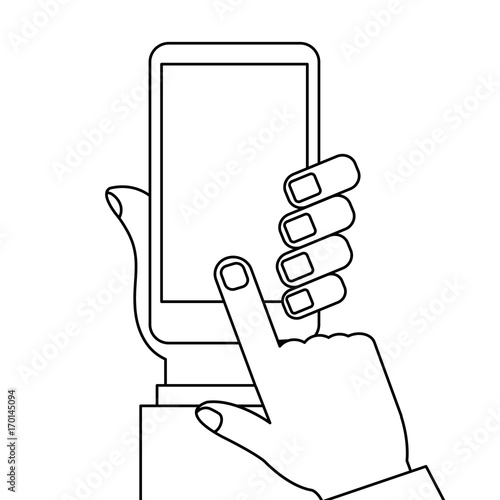 hand holding smartphone finger touching screen with blank white cellphone template