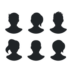 People silhouettes set. Black men and women head silhouettes. Head and shoulders. Front view. Vector illustration