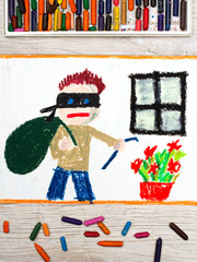 Photo of colorful drawing: Thief with mask and big bag, standing next to window. Home robbery.