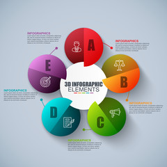 Presentation business 3d infographics vector design template. Can be used for steps, concept with 5 options, parts or processes, workflow, graph, diagram, chart, marketing icons, info graphics.