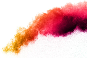 multicolored powder explosion on white background. Freeze motion paint Holi.
