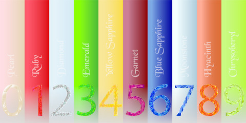 Gem numbers set 0, 1, 2, 3, 4, 5, 6, 7, 8, 9 vector illustration