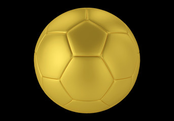 Golden soccer ball isolated on black background. 3D rendering of football ball in matt gold colour