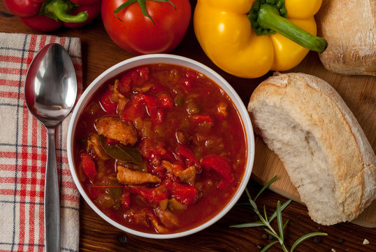 Leczo, tomato paprika soup and sausage