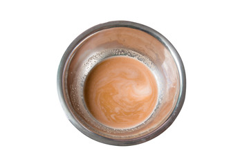 stainless bowl with soup isolated on white background