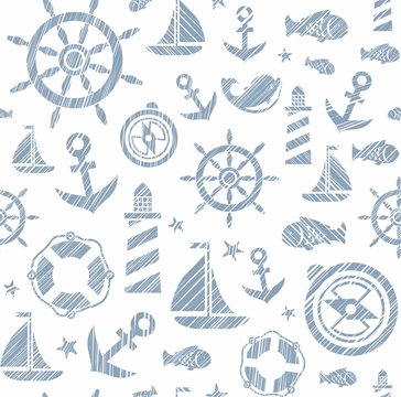 Nautical background, seamless, white and gray vector. The attributes of a sea voyage on a white background. Gray drawings are painted with diagonal hatch. Vector pattern.  