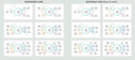 Business presentations. Set of vector infographic templates with 3, 4, 5, 6, 7, 8 steps, options. Outline organization charts. Easy to edit.
