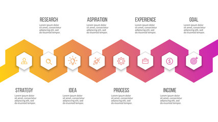 Business infographics. Presentation with 8 steps, hexagons. Vector template.