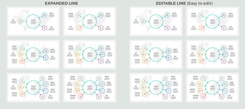 Business presentations. Set of vector infographic templates with 3, 4, 5, 6, 7, 8 steps, options. Outline organization charts. Easy to edit.
