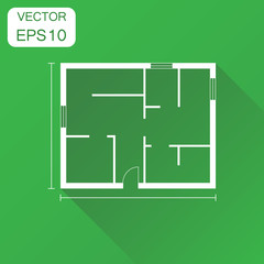 House plan icon. Business concept room plan pictogram. Vector illustration on green background with long shadow.