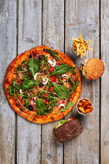 Pizza, fast food, top view.