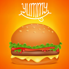 Burger cartoon square icon with yummy title