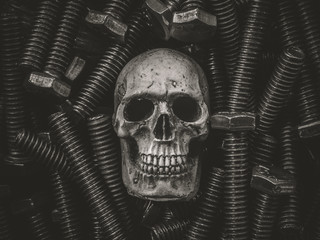 Still life art skull on hardware background