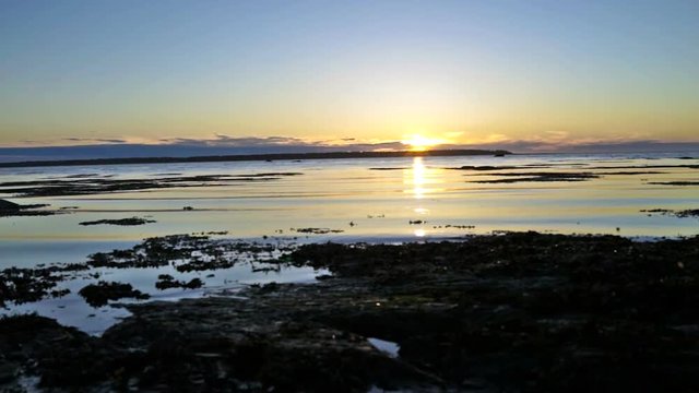 Blue and purple sunset in Rimouski, Quebec by Saint Lawrence river in Gaspesie region of Canada with closeup of water shore and waves
