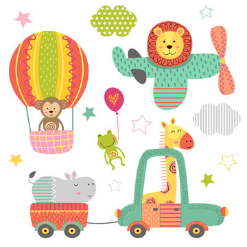 Set Of Isolated Transport With Baby Jungle Animals - Vector Illustration, Eps