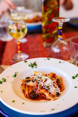 Penne pasta served for lunch