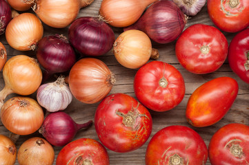vegetables crop background onions garlic tomatoes top view