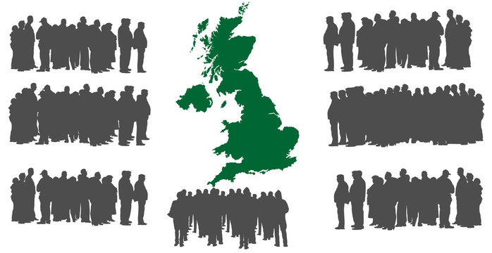 Vector silhouette of a group of refugees, migration crisis in Europe. War migration waves going through Schengen Area. United Kingdom country vector map background. England, Great Britany refugees.