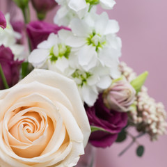 floral bouquet with a rose on a pink background