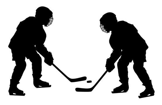 Vector of two hockey players with sticks and a washer duel. Shoots the puck and attacks vector. Skating on ice. 