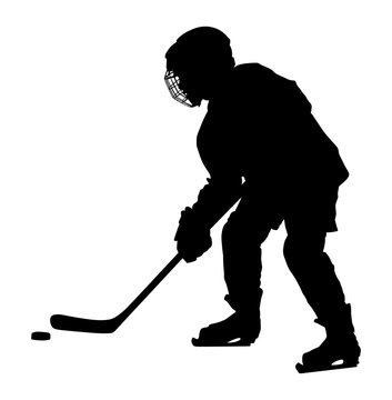 Vector hockey player with stick and a washer. Shoots the puck and attacks vector. Skating on ice. 