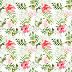 Seamless pattern with watercolor with tropical flowers and leaves.